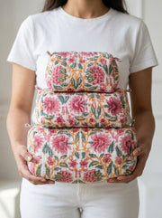 Quilted Block-Print Pouch Set of 3