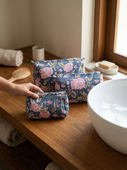 Quilted Block-Print Pouch Set of 3